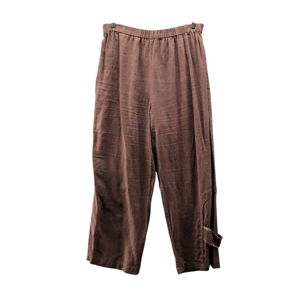Tera Bora 100% Linen Pants Italy Brown Lagenlook Wide Leg Pull On OS L-XL